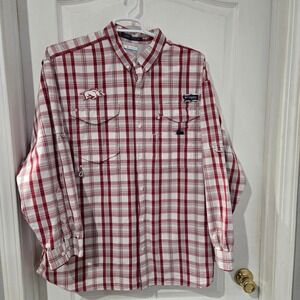 Columbia PFG Fishing Shirt Mens XL Red Plaid Excellent Arkansas Razorbacks Logo